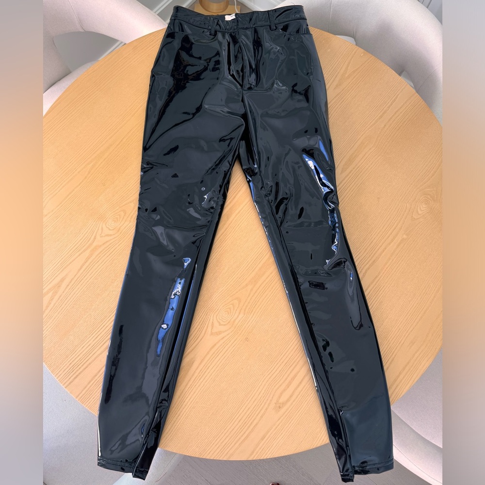 Black latex nylon straight leg pants